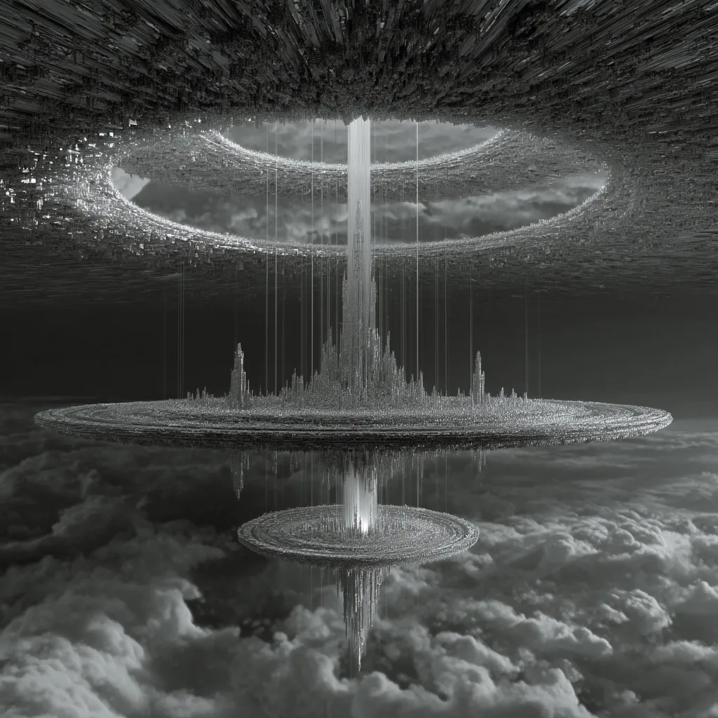 A grayscale digital artwork depicts a futuristic, seemingly impossible city.  Suspended in the clouds, the city is built on a large, circular platform, with a smaller, similar platform beneath it.  Above, two enormous, concentric rings of cityscape hang in the air, connected by countless vertical structures resembling cables or beams. The overall effect is one of awe-inspiring scale and otherworldly architecture.