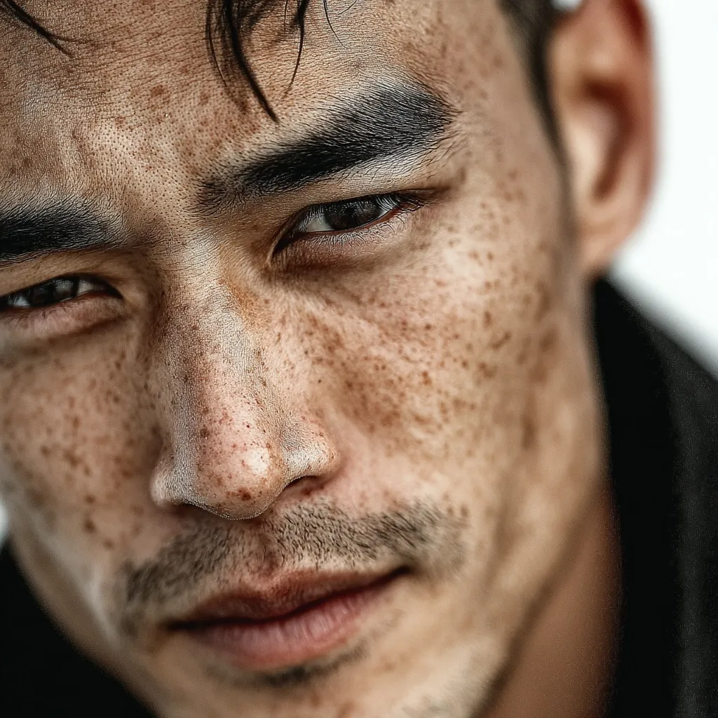 Close-up of a young man's face, his expression serious and introspective.  His skin is richly textured with numerous freckles, adding character to his features.  Dark eyebrows arch above his deep-set eyes, which gaze downward. The image emphasizes the detail of his skin and the intensity of his gaze.