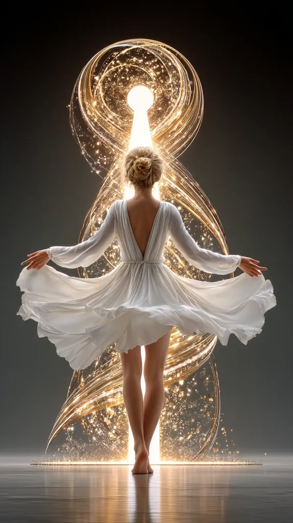 A woman in a flowing white dress stands before a luminous golden keyhole.  The keyhole swirls with sparkling light, creating a magical, ethereal atmosphere.  Her back is to the viewer, her posture graceful and poised. The image suggests a journey of discovery or a transition to a new realm.  The overall effect is one of beauty, mystery, and hope.