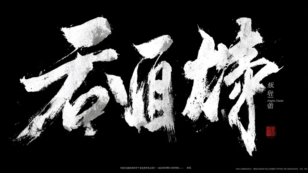 The image showcases a dramatic, large-scale piece of Chinese calligraphy in white ink against a black background.  The brushstrokes are bold and expressive, with visible texture and splatters, suggesting a powerful and dynamic energy. The characters are stylized, emphasizing the artistic expression over precise legibility.  A smaller, red seal is visible in the lower right corner, adding a traditional touch.
