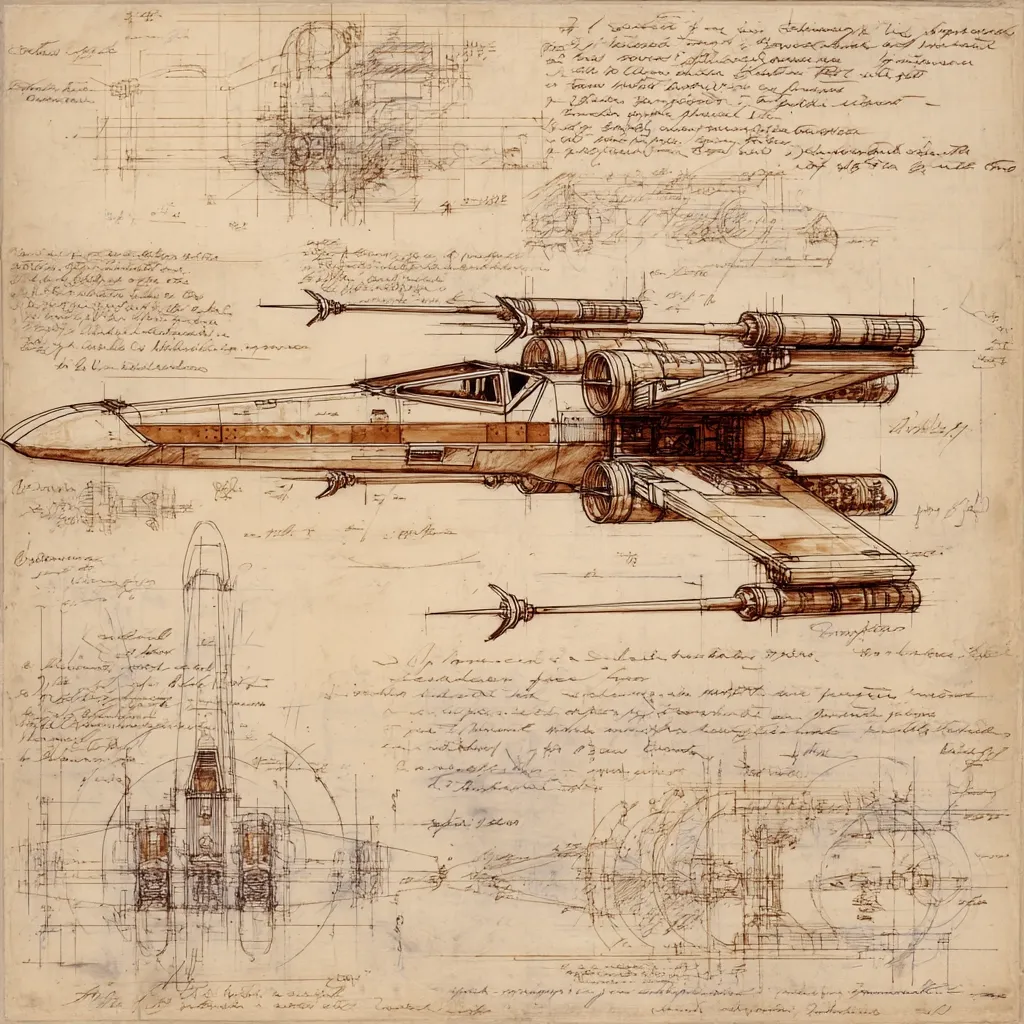 A sepia-toned image resembling an antique blueprint depicts a detailed X-wing starfighter from Star Wars.  The design is intricately drawn with numerous annotations and diagrams surrounding the main spacecraft illustration.  The style mimics Leonardo da Vinci's engineering sketches, conveying a sense of historical significance and meticulous craftsmanship.  The background features handwritten notes in an archaic script, adding to the aged and authentic aesthetic.