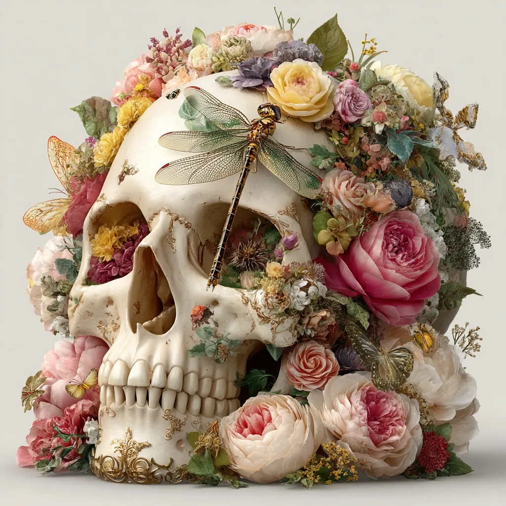 A human skull is adorned with a vibrant array of flowers, creating a striking juxtaposition of life and death.  Butterflies and a dragonfly rest amongst the blossoms, adding to the intricate detail.  The skull's surface is intricately decorated, enhancing the overall artistic effect. The colors are soft and pastel, contributing to the image's dreamlike quality. The piece evokes a sense of both beauty and mortality.