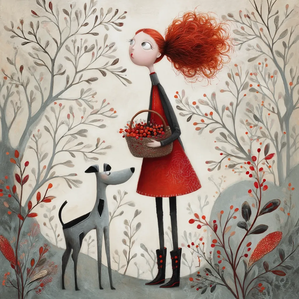 A whimsical illustration depicts a girl with vibrant red hair, carrying a basket of red berries. She stands in a stylized forest with grey trees and red berries, accompanied by a grey dog.  The girl wears a red dress and black boots, her expression is one of quiet contemplation. The artwork features a soft color palette and a slightly naive style.
