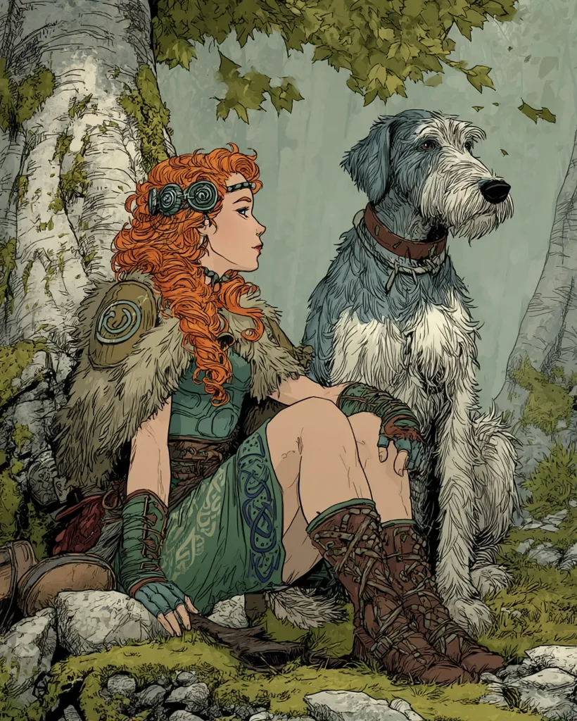 A red-haired woman in Celtic-inspired attire sits beside a large, shaggy dog.  She wears leather boots and gloves, and her clothing features intricate patterns.  They are resting beneath a tree in a mossy, rocky forest setting.  The scene is rendered in a detailed, illustrative style, with muted greens and browns dominating the color palette. The overall mood is peaceful and contemplative.