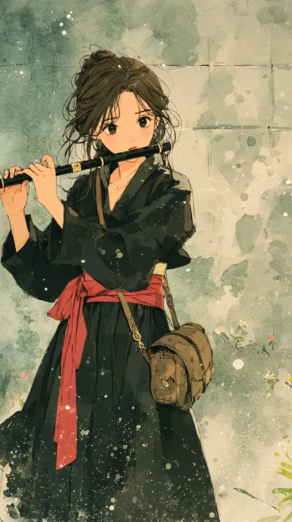 An anime-style illustration depicts a young woman with brown hair styled in an updo, playing a flute. She wears a dark-colored, long-sleeved robe cinched with a red sash and carries a brown satchel.  The background is a muted grey-green with a textured wall and subtle snow or dust effects, creating a serene, slightly melancholic atmosphere. The overall style is soft and painterly.