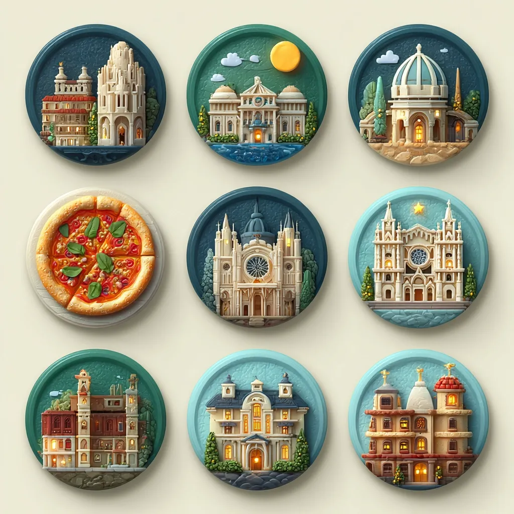 Nine circular illustrations depict Italian landmarks and a pizza.  Each image features a miniature, meticulously detailed building set against a nighttime backdrop with soft lighting.  Architectural styles vary, showcasing cathedrals, palazzos, and other structures, representing a diverse range of Italian architecture. A delicious-looking pizza is also included, symbolizing Italian cuisine.  The overall style is charming and whimsical.