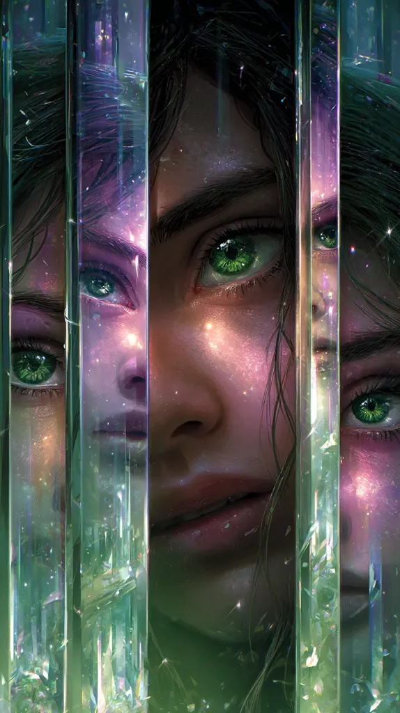 A captivating digital painting depicts a woman's face fragmented by translucent, emerald green crystals.  Her vibrant green eyes and soft features are partially obscured, creating a mystical and ethereal atmosphere. The crystals seem to shimmer with inner light, reflecting a cosmic dust effect across her skin.  Multiple, slightly offset versions of her face hint at a multifaceted persona or a fragmented reality.