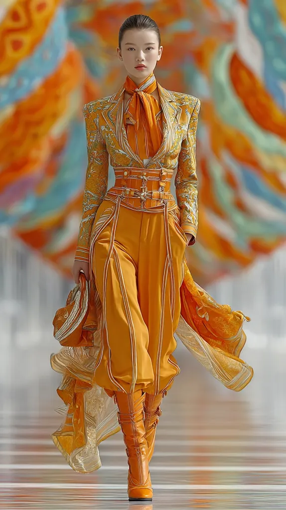 A model strides down a runway in a vibrant orange ensemble.  The outfit features a patterned jacket with strong shoulders, a fitted corset, and wide-legged trousers, all in a rich orange hue.  A matching orange scarf adds a touch of elegance, while tall orange boots complete the look. The background is a blurred but similarly toned palette of oranges and blues.