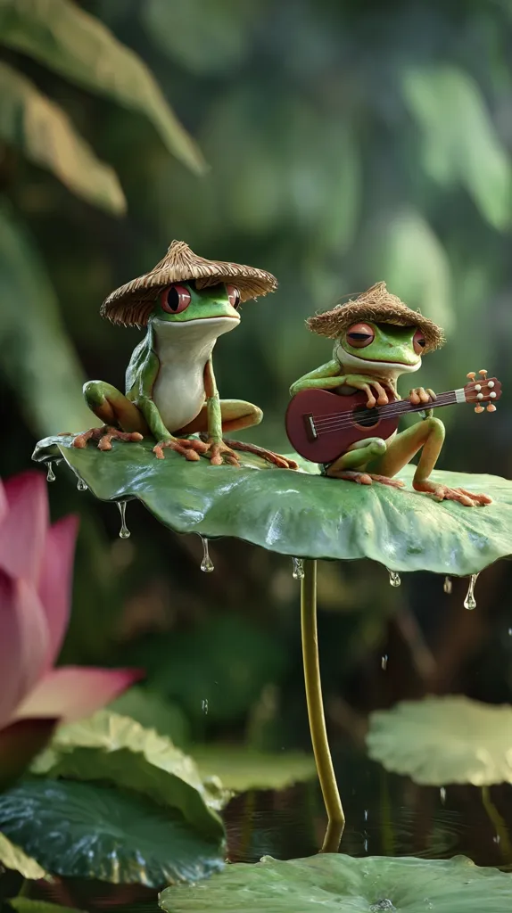 Two red-eyed tree frogs, wearing miniature conical hats, sit on a large lily pad in a tranquil pond.  One frog serenades the other, strumming a tiny ukulele. Rain droplets cling to the lily pad's edges, adding to the serene, whimsical scene in a lush, green environment.  The image is digitally rendered, showcasing exceptional detail and a charming artistic style.