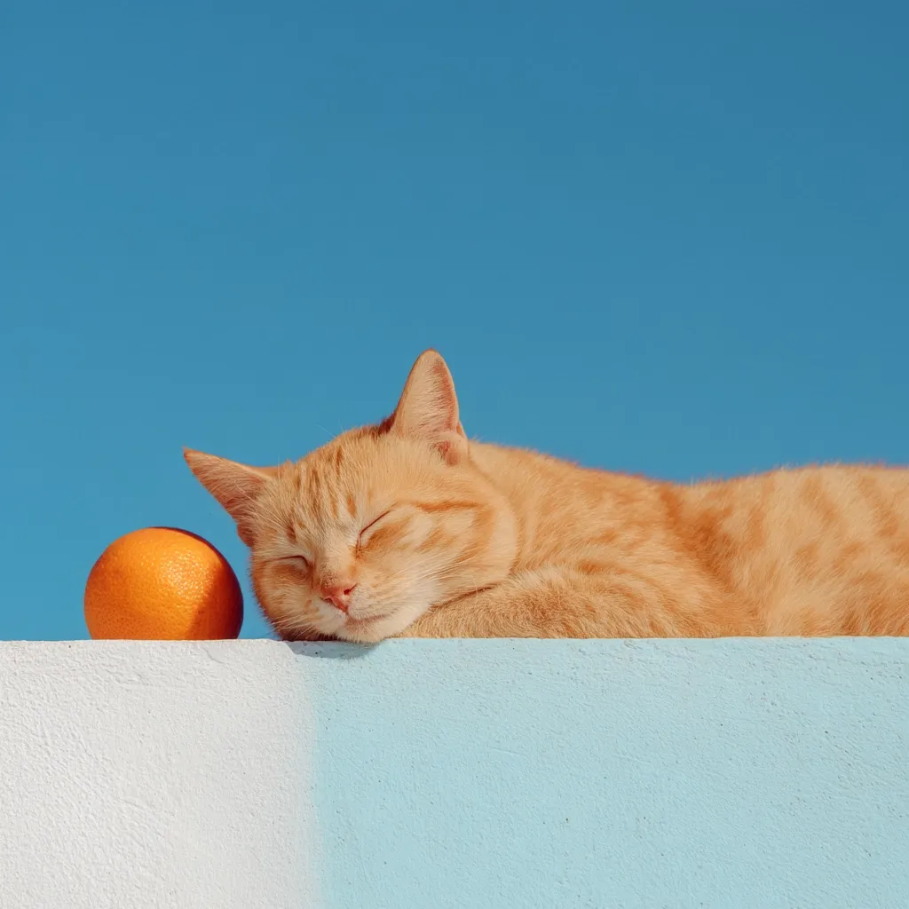 A ginger cat naps peacefully on a light blue and white wall against a vibrant blue sky.  A single orange rests beside the sleeping feline, creating a serene and colorful scene. The cat's eyes are closed, and its fur appears soft and smooth in the sunlight.  The overall image evokes a feeling of calm and summer tranquility.