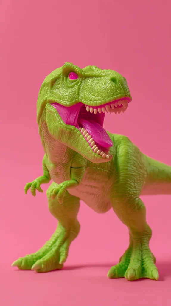 A vibrant lime green plastic Tyrannosaurus Rex dinosaur toy stands against a bright pink background.  Its mouth is open, revealing pink teeth and a tongue, adding a playful contrast to its menacing appearance. The toy's texture is subtly detailed, and its pose is dynamic, suggesting movement. The color combination creates a striking and visually appealing image.