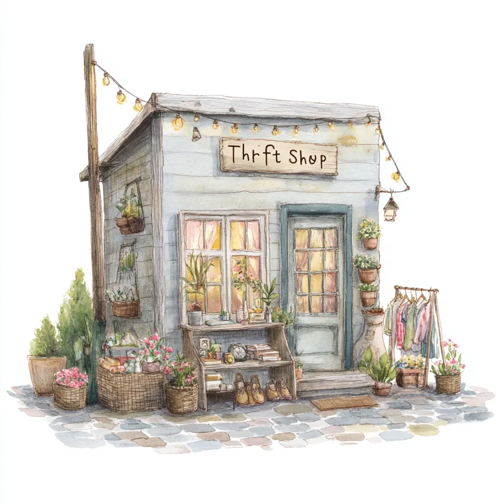A charming watercolor illustration depicts a quaint thrift shop.  The light blue building is adorned with string lights and potted plants.  A display of shoes and books sits outside, and clothes hang on a rack.  Warm interior lighting suggests a cozy atmosphere.  The scene is detailed, with a cobblestone pathway and numerous floral touches, creating a welcoming and inviting image.