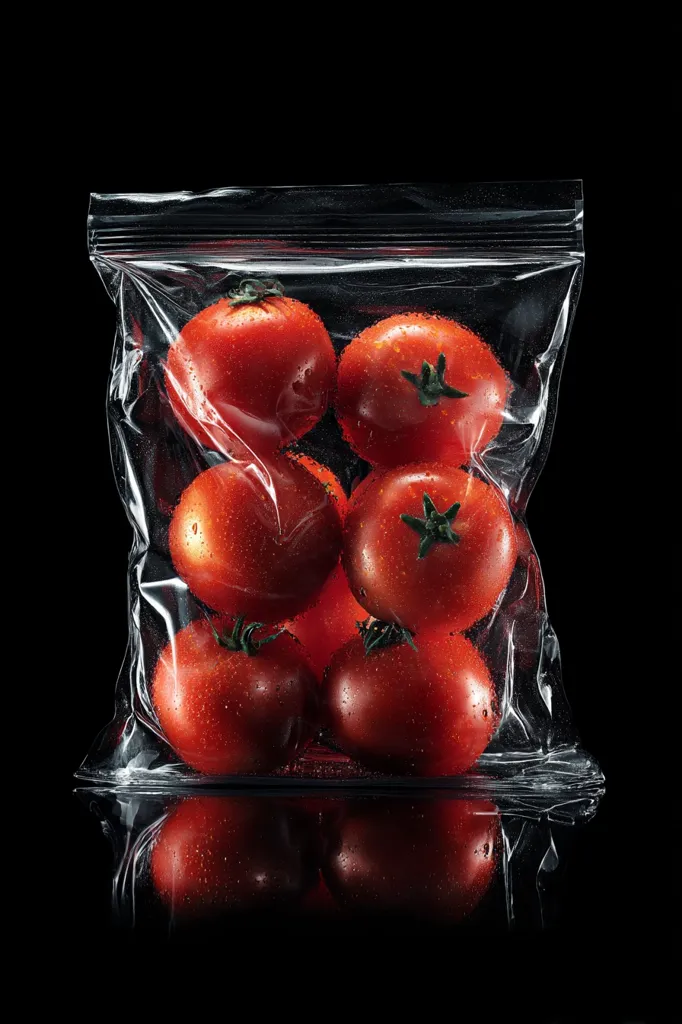 A close-up shot reveals six ripe, red tomatoes nestled within a clear plastic zip-top bag.  Water droplets cling to the tomatoes' surfaces, suggesting freshness. The bag and its contents are set against a stark black background, creating a striking contrast. The reflection of the bag and tomatoes is visible on a glossy surface below.