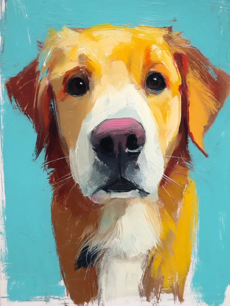 A vibrant oil painting captures a Golden Retriever's portrait against a teal backdrop.  The artist uses bold brushstrokes to depict the dog's warm, golden fur and expressive eyes.  The dog's pink nose and soft expression are highlighted, creating a lively and engaging piece.  The impasto technique adds texture and depth to the fur, enhancing the overall realism of the painting.
