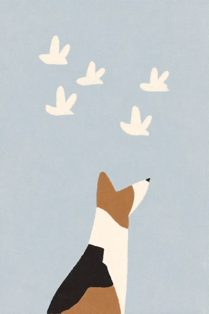 A stylized illustration shows a tri-colored dog looking up at five simple, white bird shapes against a pale blue background.  The dog is primarily white with brown and black patches, depicted in a minimalist style. The scene evokes a sense of calm and quiet observation.