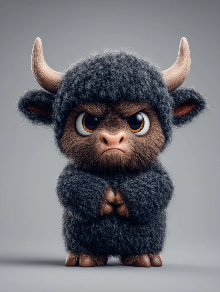 A grumpy-looking, cartoonish yak stands against a gray background.  It's small and furry, with dark gray fur covering its entire body, including what appears to be a knitted hat.  The yak has large, expressive eyes, short horns, and a serious expression. Its arms are folded across its chest.  The overall style is cute but slightly menacing.