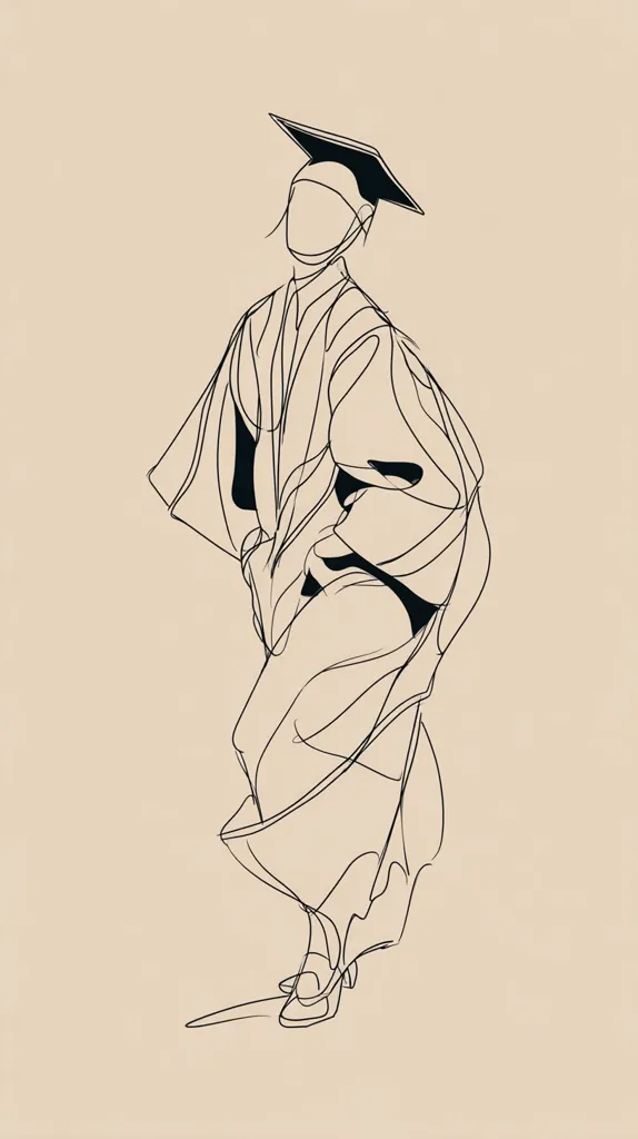 A minimalist line drawing depicts a graduating student.  The figure, wearing a cap and gown, is rendered in elegant, flowing lines suggesting movement. The style is abstract yet recognizable, focusing on form and posture rather than precise detail. The beige background complements the black ink, creating a sophisticated and stylish image.