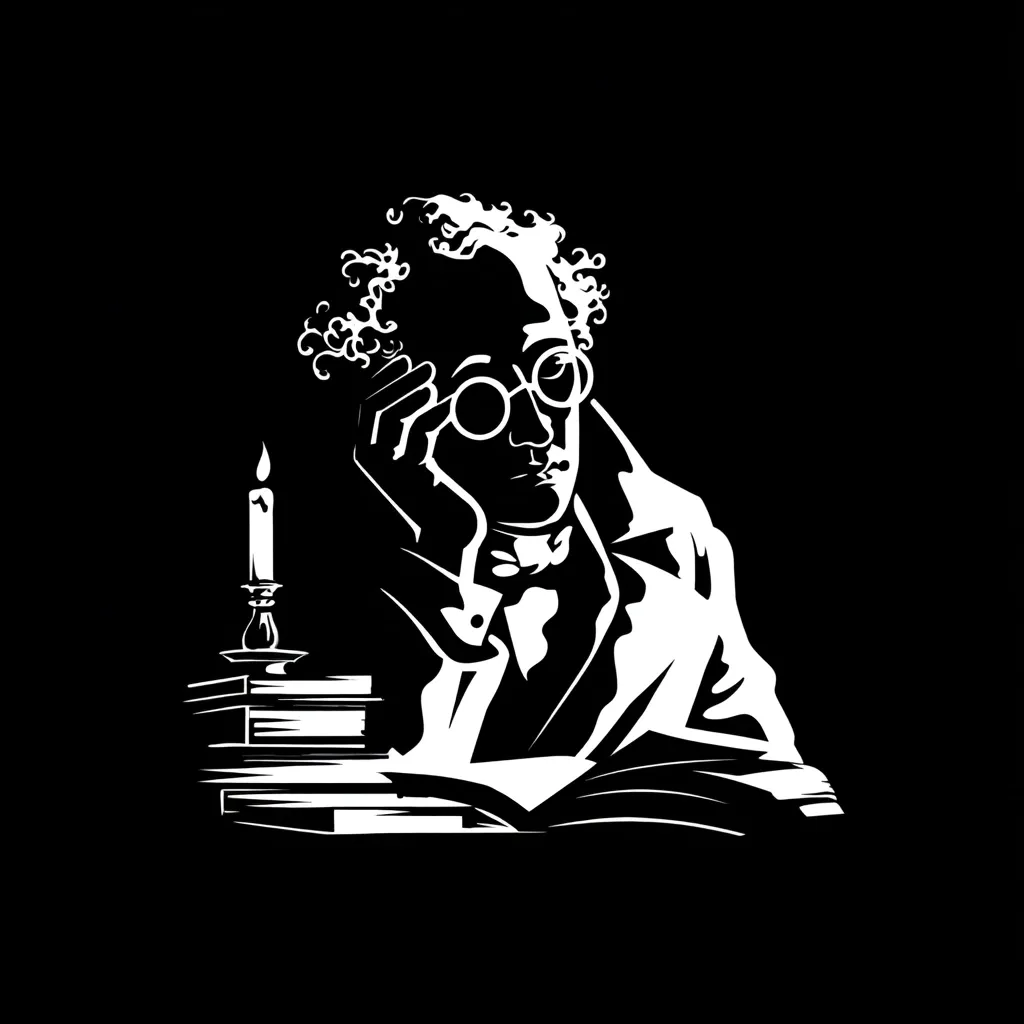 A stylized black and white illustration depicts a man, possibly a scholar or writer, seated at a table. He wears round glasses and his curly hair is visible. His hand rests thoughtfully on his chin as he gazes at an open book. A lit candle and a stack of books sit beside him, creating a studious atmosphere. The image is stark and dramatic, suggestive of deep contemplation and intellectual pursuit.