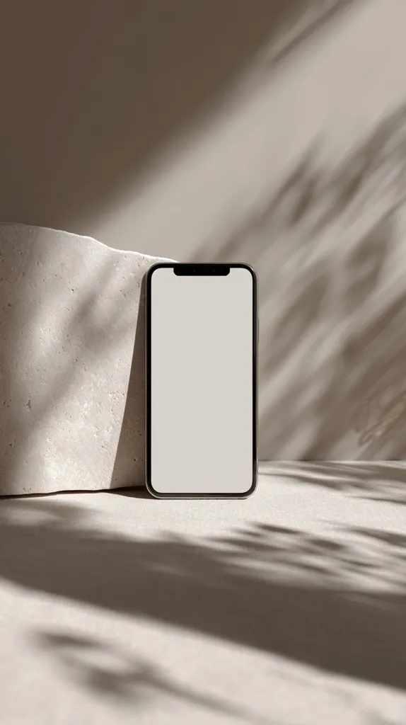 A smartphone with a blank white screen rests against a light beige stone block.  Soft, dappled shadows from unseen foliage fall across the scene, creating a minimalist and aesthetically pleasing composition.  The overall tone is neutral and calming, ideal for showcasing product design or app mockups.