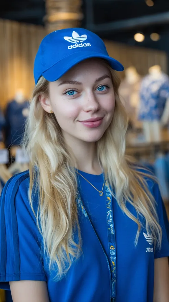 A young blonde woman with striking blue eyes smiles subtly. She wears a bright blue Adidas t-shirt and matching baseball cap, adorned with the Adidas logo. Her long, wavy hair frames her face. A lanyard with a patterned design hangs around her neck. The background is blurred, suggesting a retail environment.  The overall impression is one of casual, youthful attractiveness.