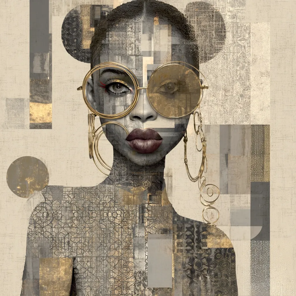 A stylized portrait of a Black woman, rendered in a collage of geometric shapes and textured patterns in shades of gold, gray, and beige.  She wears large, round gold-rimmed sunglasses and elaborate gold earrings. The overall effect is a blend of modern and traditional aesthetics, creating a striking and sophisticated image.  The background is a neutral canvas, allowing the subject's bold features to stand out.