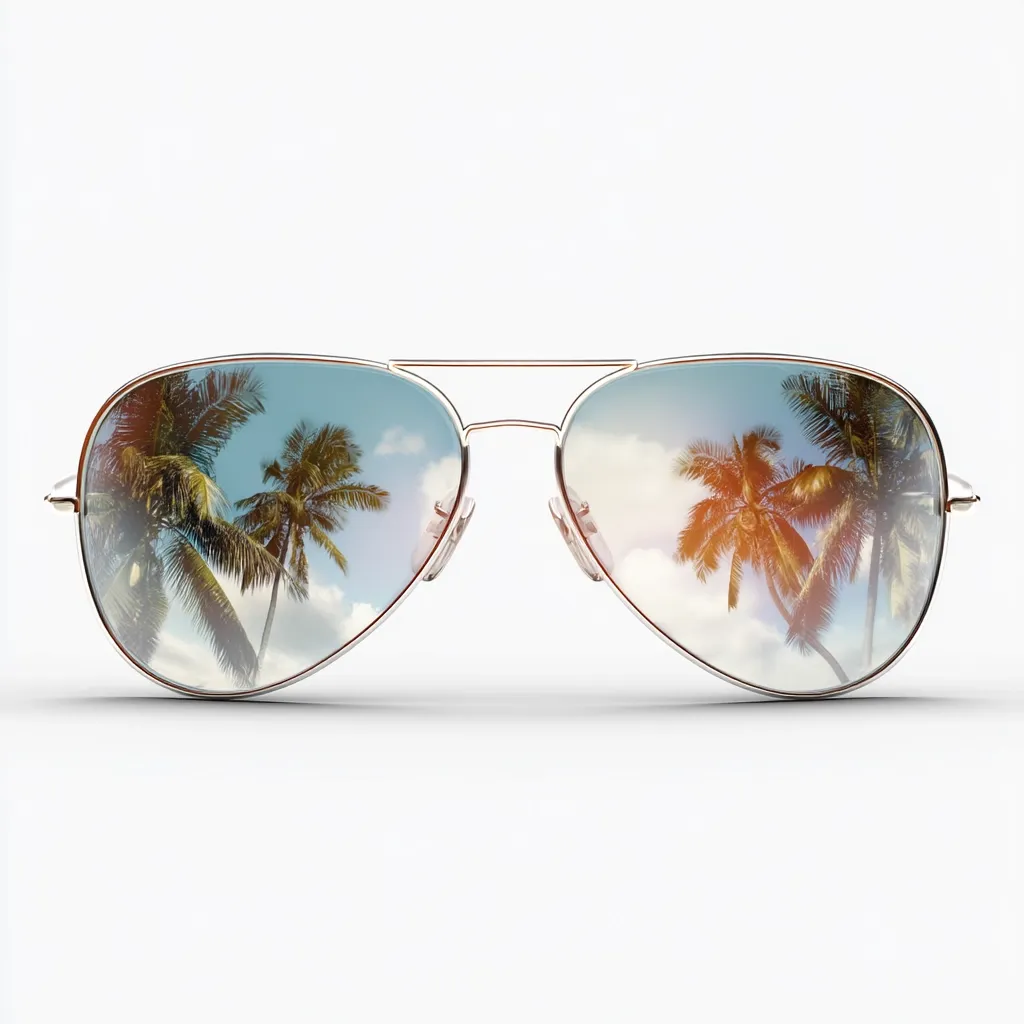 A pair of aviator sunglasses reflects a vibrant tropical beach scene.  The lenses showcase a clear blue sky, fluffy clouds, and lush palm trees, creating a dreamy vacation aesthetic. The gold-toned frame adds a touch of sophistication to the overall image.  The sunglasses are positioned centrally against a plain white background.