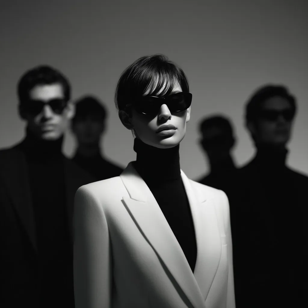 A stylish woman in a crisp white blazer and black turtleneck stands out against a backdrop of blurred figures in dark attire.  She wears sunglasses, her expression serious and composed.  The monochrome palette emphasizes the contrast between her bright outfit and the darker, less defined individuals surrounding her.  The image evokes a sense of power and exclusivity.