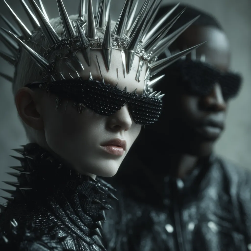 Close-up shot of two individuals, one with striking, spiked silver headwear and studded black sunglasses, the other in dark attire and sunglasses. Their dark, edgy fashion suggests a futuristic or cyberpunk aesthetic.  The image's monochrome tones emphasize the textures and sharp lines of their clothing and accessories. The contrast between their skin tones further enhances the dramatic mood.