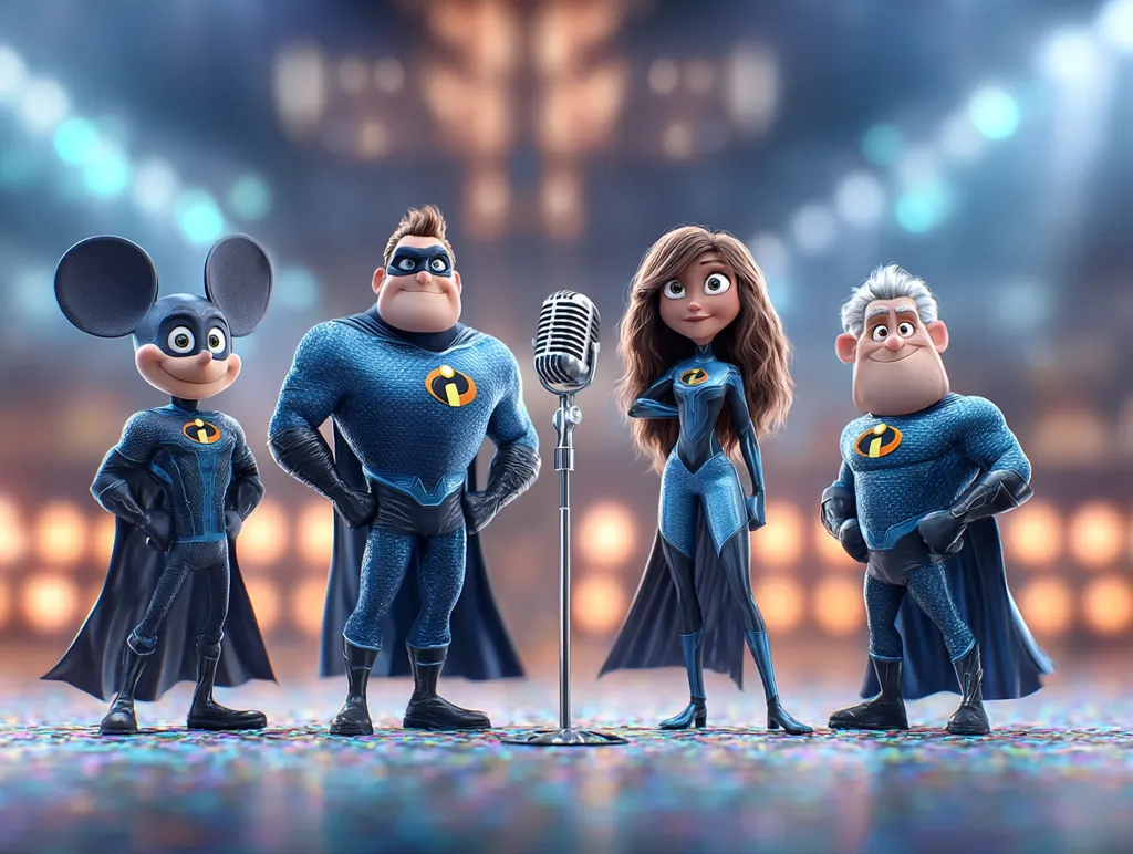 A charming digital illustration showcases Mickey Mouse and the Incredibles family in superhero attire.  They stand before a microphone, their blue suits gleaming.  Mickey, Mr. Incredible, Elastigirl, and Frozone are depicted in a stylized, slightly cartoony manner, set against a blurred stage backdrop suggesting a performance or announcement. The image is vibrant and playful.