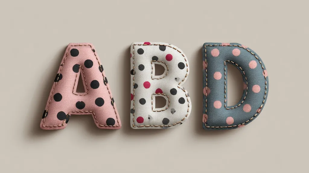 The letters A, B, and D are crafted from fabric with polka dot patterns.  Each letter is stitched with a contrasting thread, giving a handmade, quilted appearance.  The colors are muted and soft, with a light beige background highlighting the letters. The style evokes a childlike, whimsical feeling.