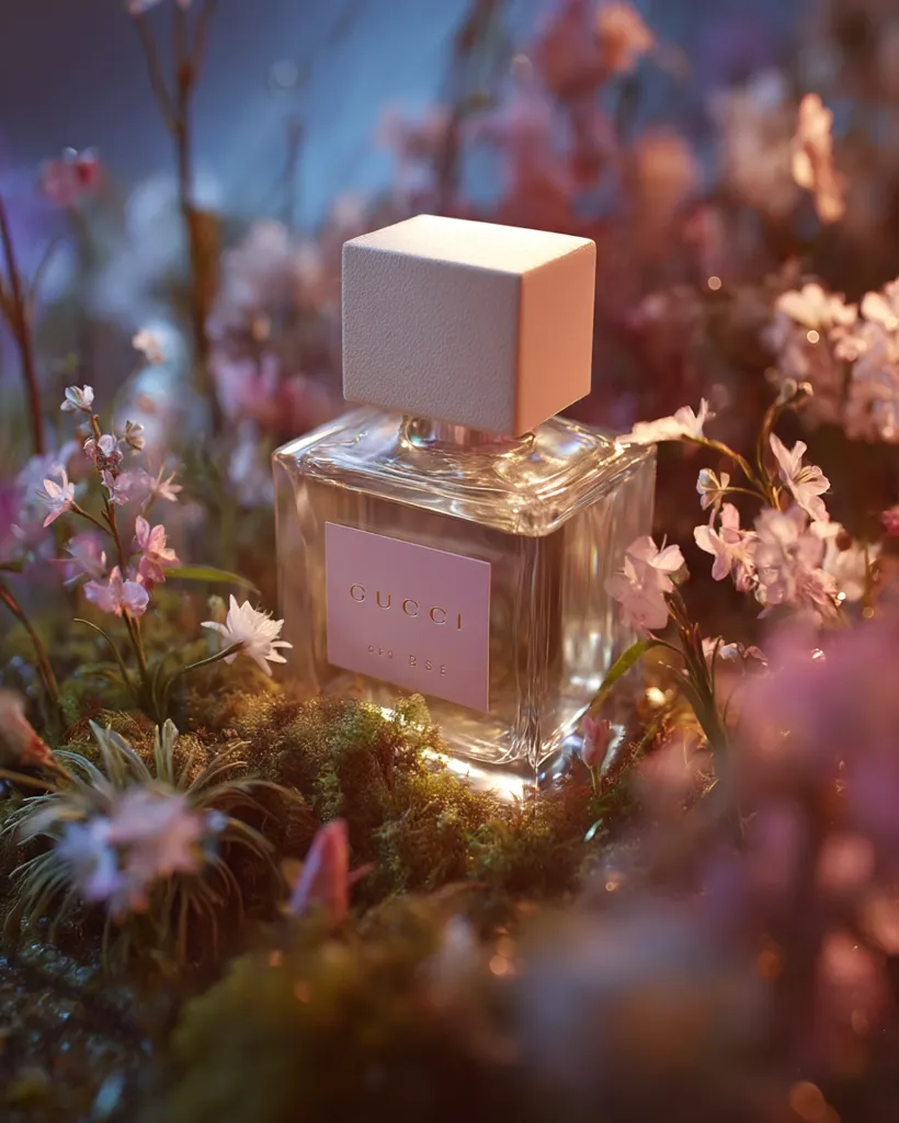 A bottle of Gucci Bloom Rose perfume sits nestled amongst delicate pink and white flowers and moss.  The perfume bottle is rectangular with a square, off-white cap. The soft lighting enhances the romantic and floral atmosphere, creating a visually appealing image that emphasizes the perfume's delicate fragrance.  The Gucci logo is subtly visible on the bottle's label.