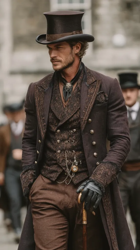 A man in a brown top hat and intricately detailed Victorian-era three-piece suit stands on a cobblestone street.  His outfit features ornate embroidery, brass buttons, and a waistcoat. He carries a walking stick and wears black leather gloves. The background suggests a city setting with other individuals visible but out of focus.  The overall image evokes a steampunk or historical aesthetic.