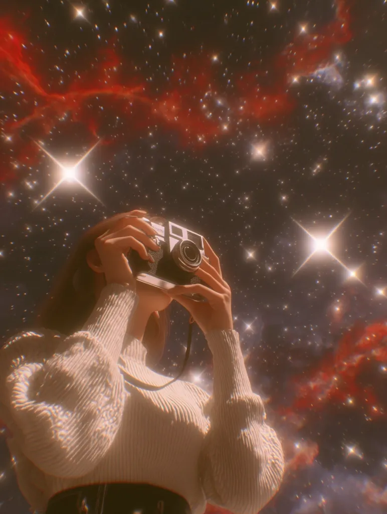 A young woman, wearing a cream-colored sweater, holds a vintage camera up to her face, capturing a breathtaking view of a star-filled night sky.  Red nebulae swirl across the dark expanse, punctuated by bright, sparkling stars. The image evokes a dreamy, ethereal aesthetic, blending the mundane act of photography with the vastness and beauty of space.
