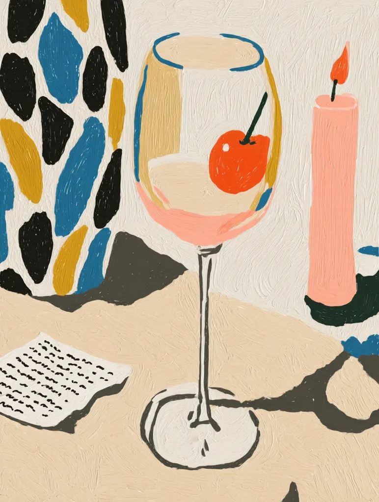 A stylized painting depicts a wine glass containing a single cherry, a lit candle, and a crumpled piece of paper.  The background features an abstract, patterned object in shades of blue, black, and gold. The style is loose and painterly, with visible brushstrokes and a muted color palette. The overall mood is quiet and contemplative.