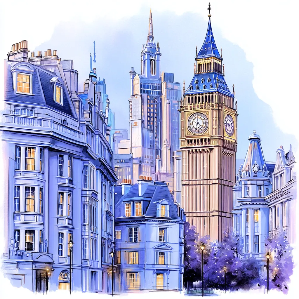 A watercolor painting depicts a London street scene, dominated by the iconic Elizabeth Tower (Big Ben).  Tall buildings flank the street, their windows glowing with warm light. The scene is bathed in soft, purplish hues, suggesting twilight.  The overall style is romantic and evocative of a quintessential London cityscape. The detailed architecture and subtle color palette create a charming and peaceful atmosphere.