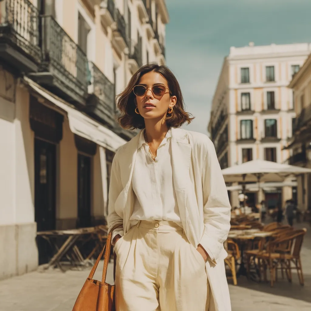 A stylish woman with short brown hair and gold hoop earrings strolls down a sun-drenched European street. She wears a cream-colored linen suit, a crisp white shirt, and brown leather tote bag.  Her gold-framed sunglasses add a touch of sophistication. The background features classic European architecture and outdoor cafes, creating a chic and effortless ambiance.