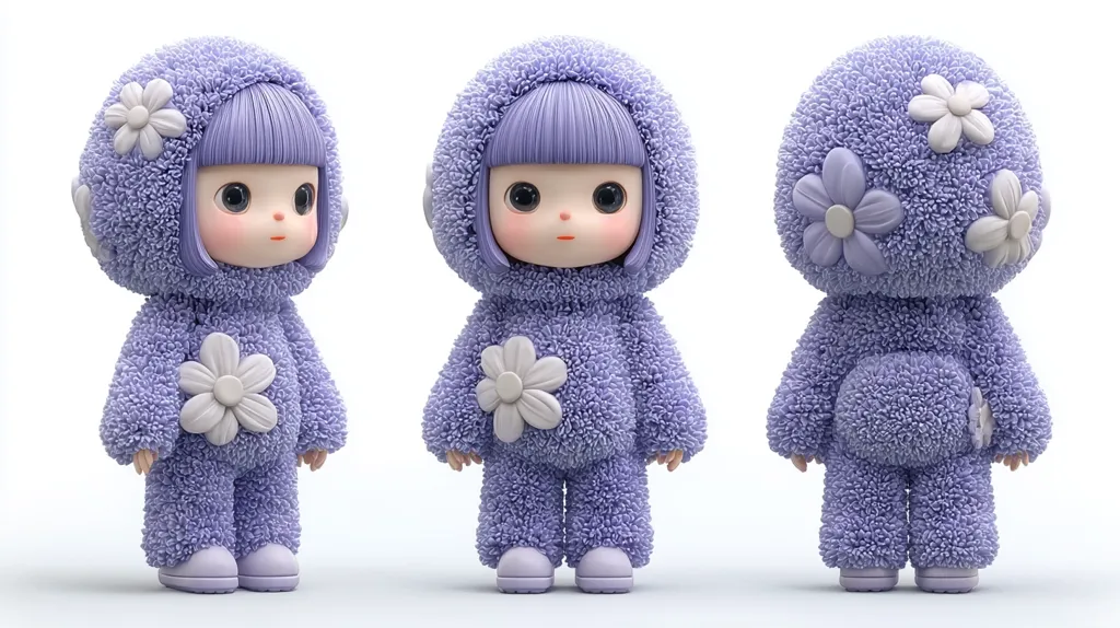 Three views of a cute, fluffy doll are shown.  The doll is lavender-colored, wearing a hooded, fuzzy jumpsuit adorned with white flower appliqués.  It has short purple hair and large, expressive eyes. The doll's design is soft and childlike, suggesting a playful and comforting character.  The three perspectives offer a complete view of the doll's design.