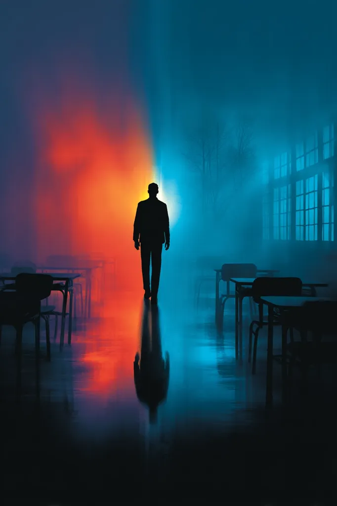 A lone figure, silhouetted against a vibrant split backdrop of red and blue, walks down a dimly lit hallway.  Empty desks are scattered throughout the scene, creating an atmosphere of solitude. The colors suggest a duality or conflict, while the misty environment adds a sense of mystery and unease.  The image's mood is dark and introspective.