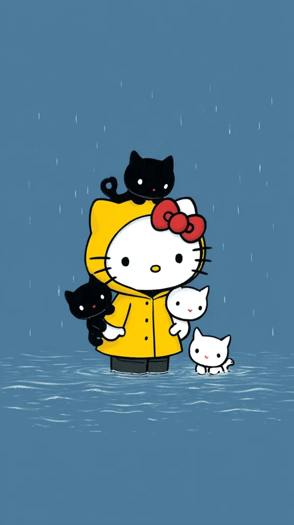 Hello Kitty, wearing a yellow raincoat, stands in floodwaters with three cats.  Two black cats cling to her, while a white cat sits in the water nearby. Rain falls gently on the scene, creating a charmingly whimsical illustration.  The overall tone is sweet and slightly melancholic, highlighting Hello Kitty's protective nature.