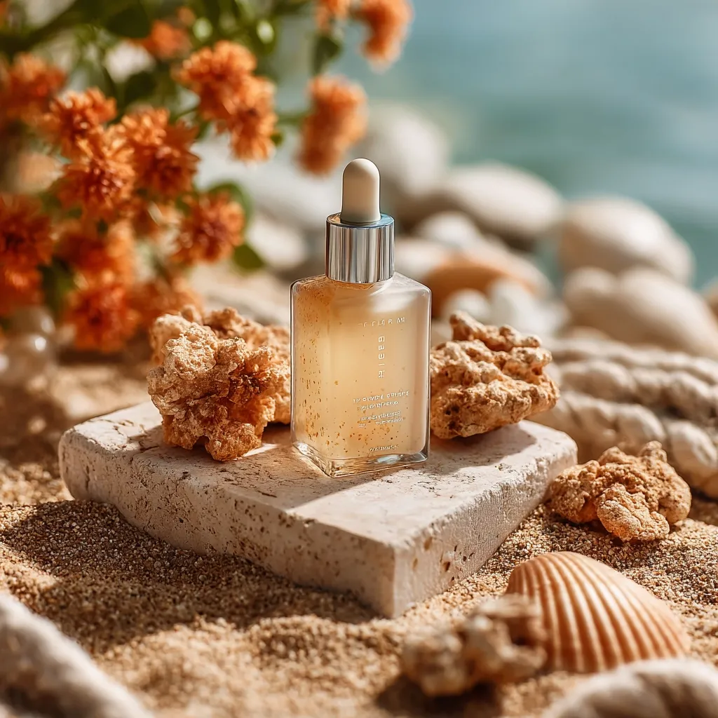 A glass bottle of serum with a dropper sits on a light beige stone.  The bottle is square and contains a golden liquid with flecks of gold. It's surrounded by small pieces of coral and a seashell on a sandy beach.  Orange flowers are blurred in the background, suggesting a beachside setting. The sunlight casts soft shadows, enhancing the product's luxurious feel.