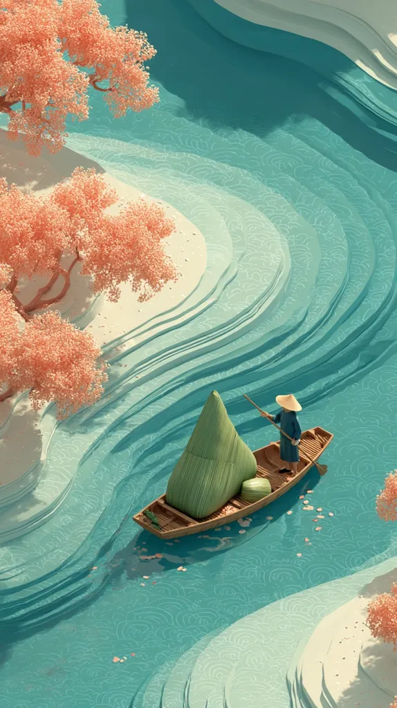 A serene digital illustration depicts a person in a small boat navigating a stylized river.  The water is teal, layered to suggest depth and movement. Pink-flowering trees line the riverbanks, which are rendered in soft, pale colors. The boat carries a large, green bundle, adding to the peaceful, almost dreamlike atmosphere. The overall style is minimalist and aesthetically pleasing.