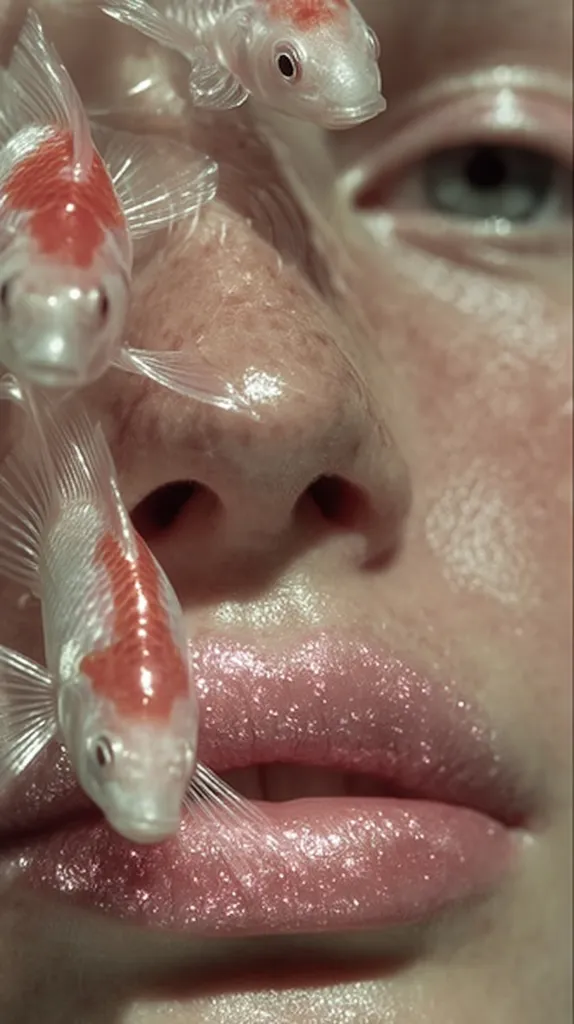 Close-up of a face with translucent, rosy-toned skin.  Several small, transparent goldfish with hints of red are positioned near the eyes and mouth.  The lips are full and glossy, with a shimmering pink sheen. The overall aesthetic is ethereal and surreal.  The image creates a striking juxtaposition between the delicate skin and the aquatic elements.