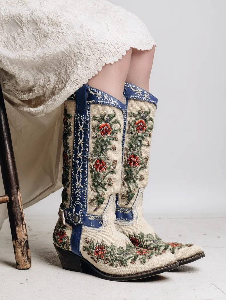 A pair of exquisitely embroidered cowboy boots, boasting a cream base with vibrant floral designs in red, green, and blue, are showcased.  The boots, reaching mid-calf, feature blue leather accents and intricate stitching.  A woman's legs, partially visible, are clad in a flowing white lace dress, adding to the romantic and whimsical aesthetic of the image.  The boots are elegantly displayed against a plain white backdrop.