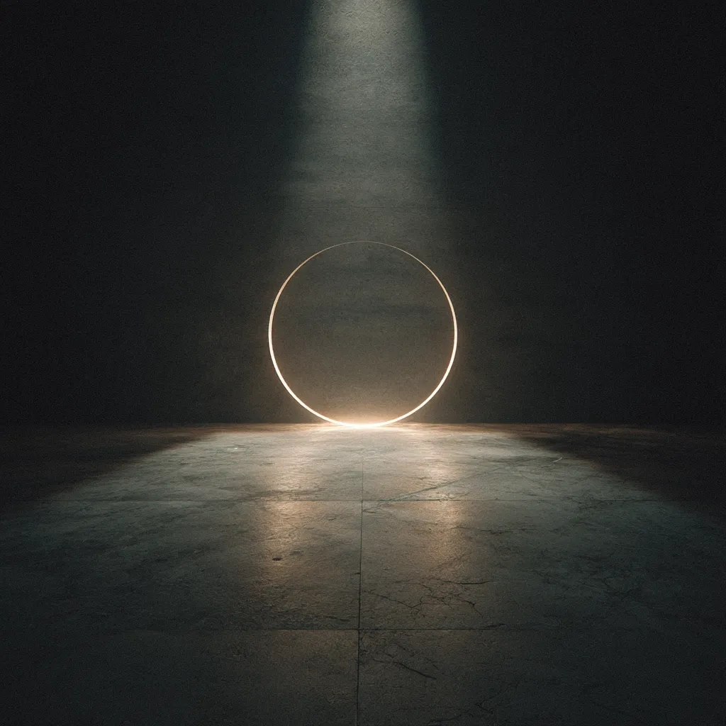 A large, oval-shaped golden frame stands in a dark, empty room illuminated by a single spotlight from above. The frame rests on a dark gray, textured floor, its surface reflecting the light. The overall mood is minimalist and mysterious, evoking a sense of anticipation or revelation.  The contrast between the light and dark creates a dramatic and visually striking scene.