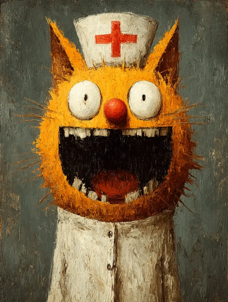 A whimsical painting depicts a cartoonish orange cat dressed as a nurse.  The cat's expression is exaggerated, with wide eyes and an open mouth revealing numerous teeth. It wears a white nurse's cap with a red cross, and a white coat.  The impasto style of the painting gives it a textured, almost three-dimensional quality. The background is a muted grayish-blue.