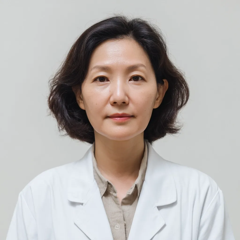 A woman with short, dark brown hair wears a white lab coat over a taupe collared shirt.  She faces the camera directly with a neutral expression. The background is a plain, light grey. The image is a professional headshot, possibly for a medical or scientific profile.