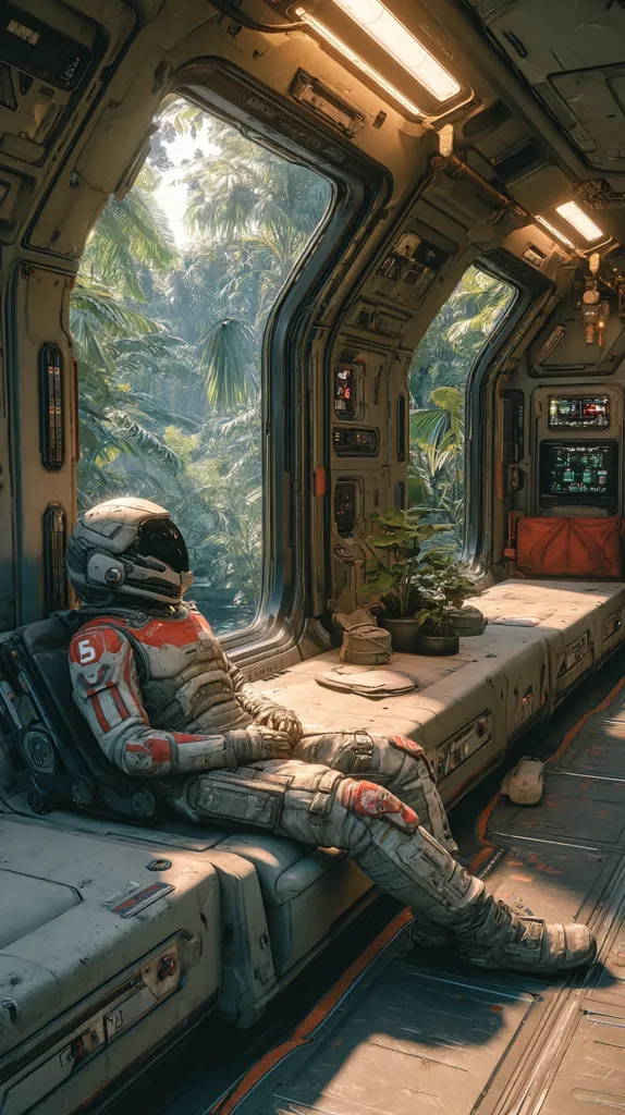 An astronaut in a weathered spacesuit, number 5 visible on the chest, rests on a bench inside a spaceship.  Large windows offer a view of a lush, sun-dappled jungle outside.  The interior is worn but functional, with control panels and potted plants adding to the scene. A peaceful and contemplative mood is evoked by the astronaut's relaxed posture and the tranquil jungle vista.