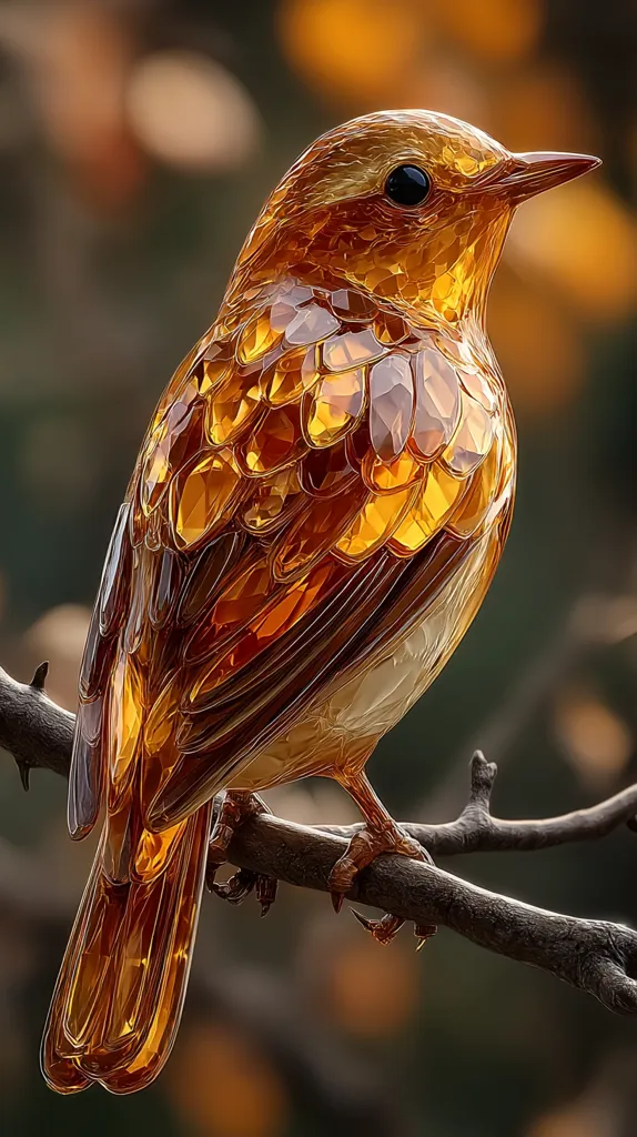 A digital rendering depicts a small bird, seemingly crafted from amber or polished gold.  Its feathers are intricately detailed, appearing faceted like a gemstone. The bird perches on a dark, thorny branch against a softly blurred background of autumnal tones.  The overall effect is one of luminous beauty and intricate artistry.