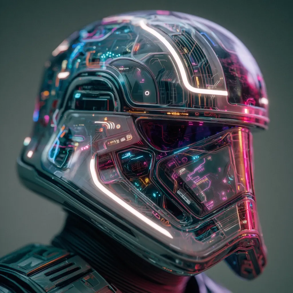A futuristic helmet, seemingly transparent, reveals intricate neon circuitry within.  Pink and blue lights illuminate the internal technological components. The helmet's design is sleek and angular, suggesting advanced technology and a cyberpunk aesthetic. The partially visible wearer's attire hints at a technologically advanced, possibly military or security, context.