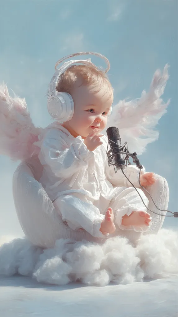 A cherubic baby, adorned with angel wings and white headphones, sits on a fluffy cloud, holding a microphone.  The baby's serene expression and the soft, ethereal setting create a dreamy, almost heavenly image.  The white clothing and accessories complement the light blue background, enhancing the overall sense of purity and innocence.